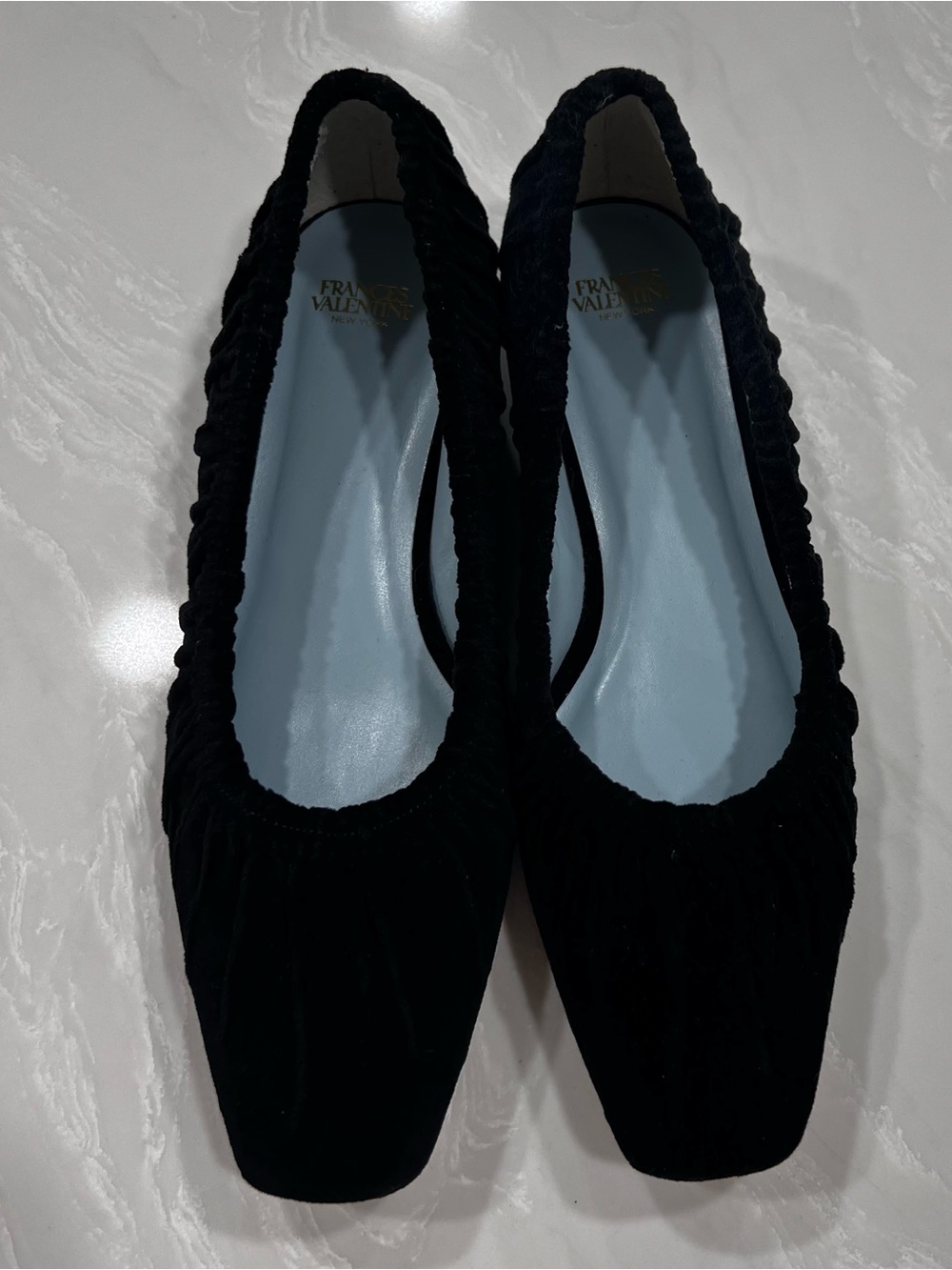 Frances Valentine Brittta Ruched Black Velvet Square Toe Flats Size 6B Classic